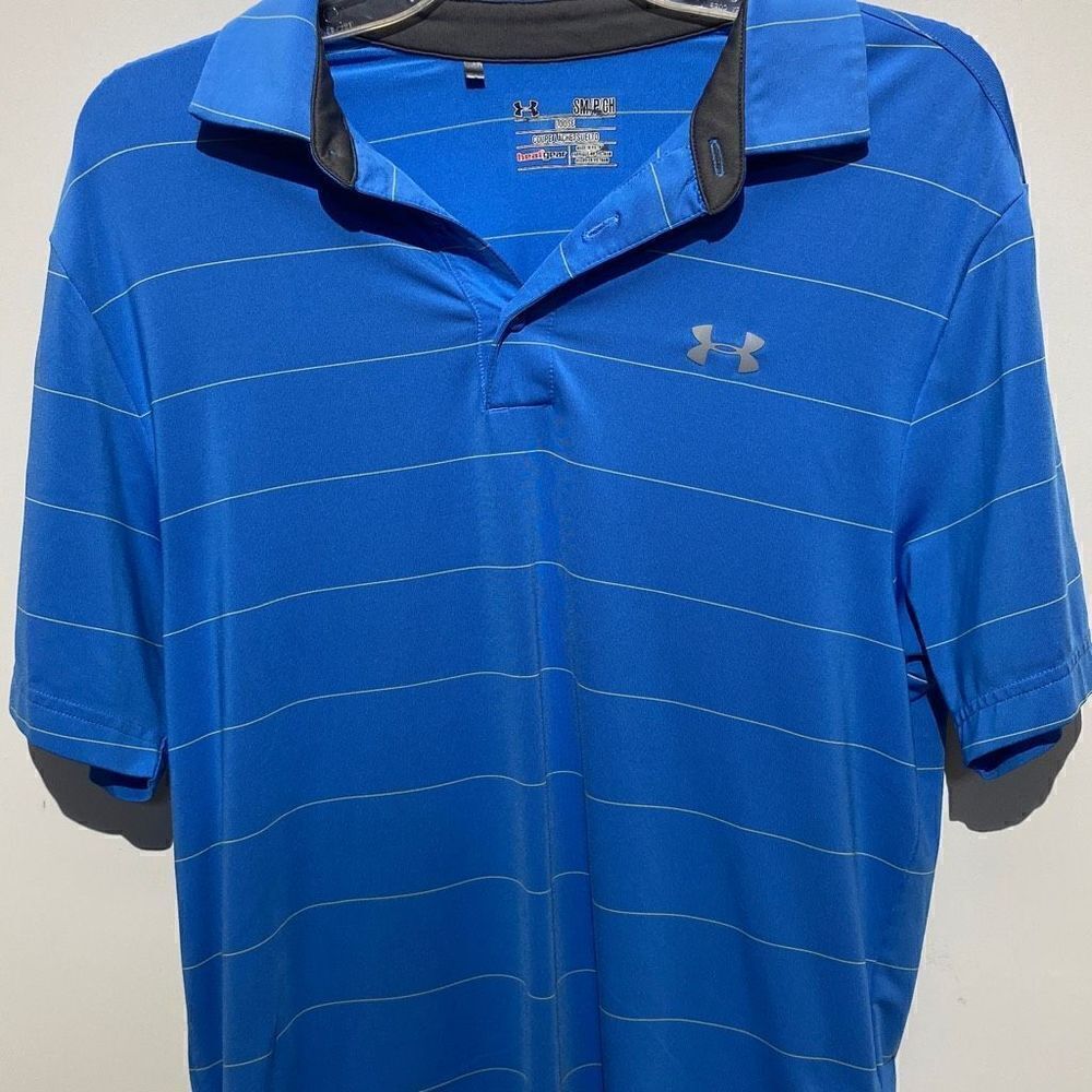 Under Armour Men's Striped Loose Fit Heat Gear Golf Blue Polo Shirt Small